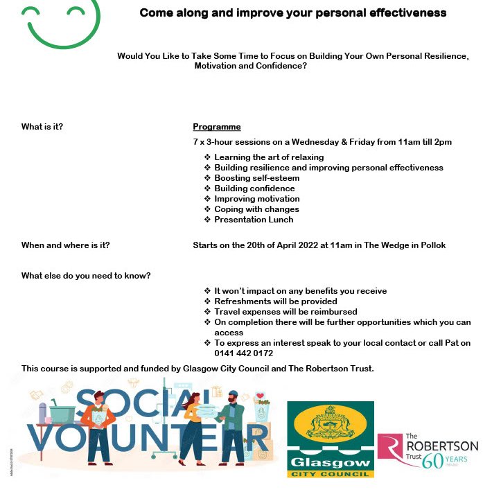 Want to get more out of life? 
Would you benefit from increasing your confidence and self-esteem as well as improving your resilience. Then this opportunity might be for you. #confidence #selfesteem #resilience #personaldevelopment #pollok #thewedge