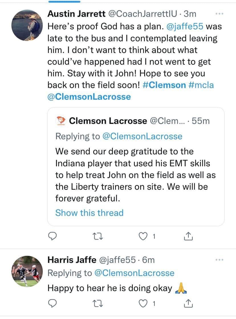 imarec89's tweet photo. @ClemsonPrez @ClemsonUniv This weekend a Clemson men’s lacrosse player named John Holcomb had a medical emergency on the field and an Indiana player used his EMT skills to save him! Please consider thanking Harris Jaffe @jaffe55 for his heroic efforts for our #ClemsonFamily! https://t.co/4iPFwzMpX1