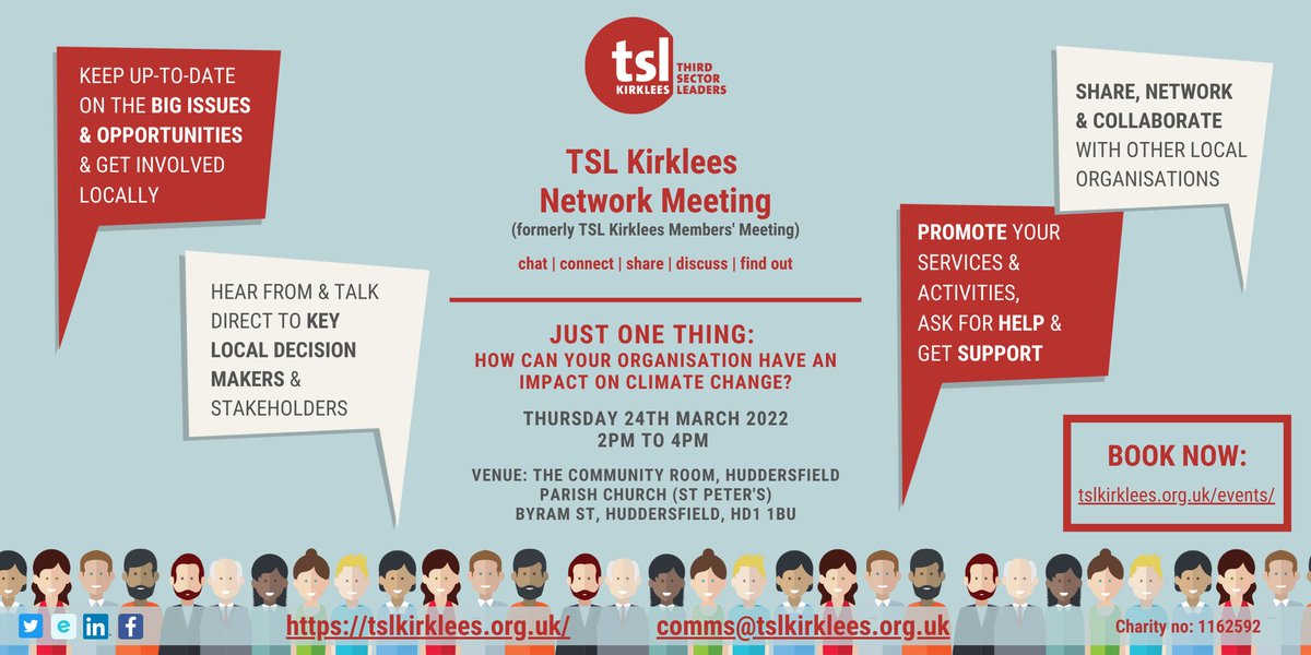 How can your organisation have an impact on climate change? We will be looking at and discussing simple steps that we can all take...plus find out how your organisation can play a part by choosing 'just one thing' to do. 

tslkirklees.org.uk/events/