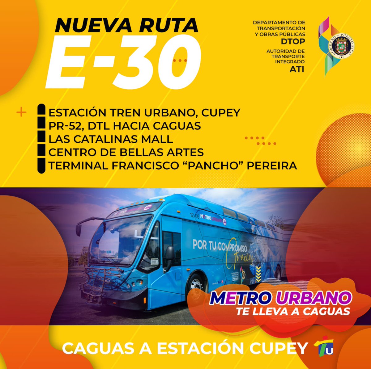 La nueva ruta E-30 tiene varias paradas de interés. ¡MetroUrbano te lleva a Caguas! #TransporteUrbano #SomosTUAlternativa #DTOPSomosTodos <a href="/DTOP/">DTOP</a> @prsecdtop <a href="/fortalezapr/">Puerto Rico Governor's Office</a>