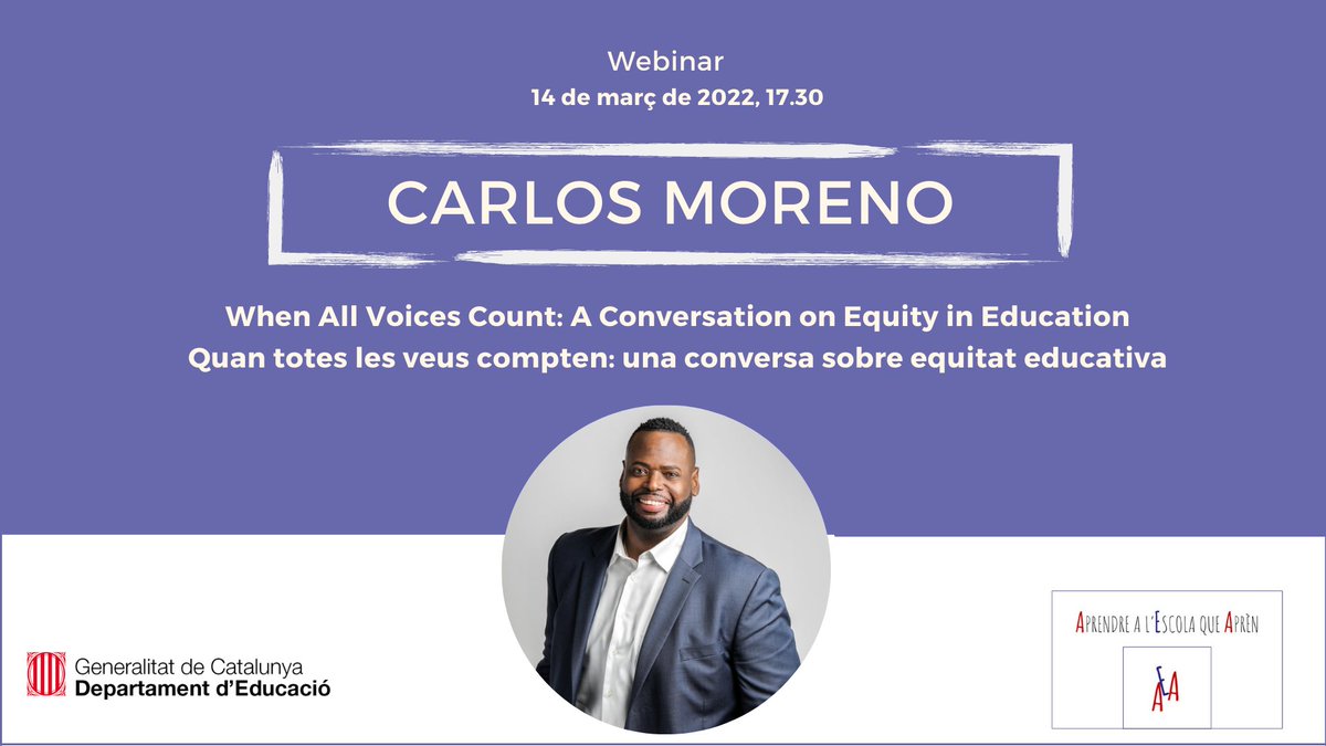 centresenlinia's tweet photo. Avui, 1⃣4⃣ de març, 17:30h: webinar de @Carlos_Moreno06 @bigpiclearning “Quan totes les veus compten: una conversa sobre #equitat educativa”. Objectiu prioritari de la #TransformacióEducativa.  #AEAequitat #AprendrealEscolaqueAprèn. 
Streaming Català: https://t.co/TCrBTrNv9N https://t.co/T9ffHxdX1T
