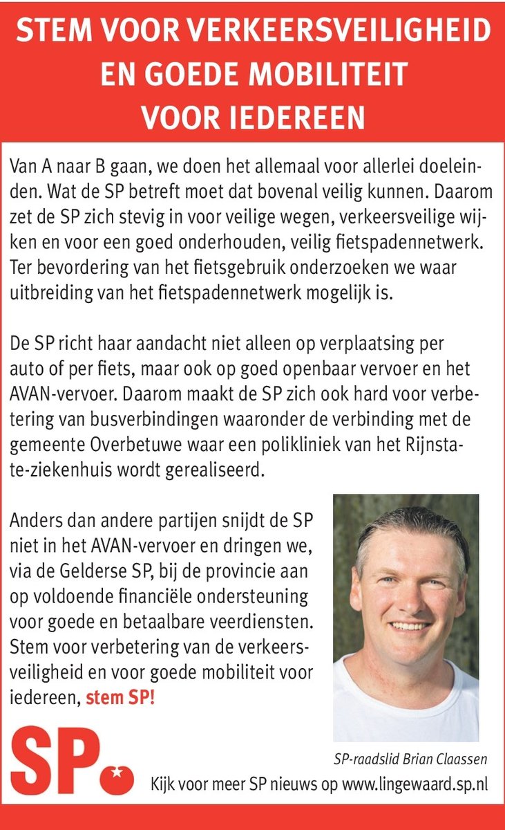 De SP zet in op veilig verkeer en goede mobiliteit voor iedereen 👍

Stem SP, lijst 2 🍅

#GR2022 #Lingewaard