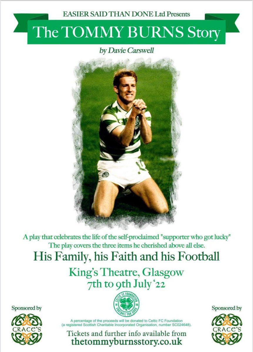 We’re delighted to announce that The Tommy Burns Story returns from 7th to 9th July at the King’s Theatre, following on from a sell-out run at Celtic Park in ’21. Tickets go on sale Monday 21st March at 10am via atgtickets.com Full details at thetommyburnsstory.co.uk.
