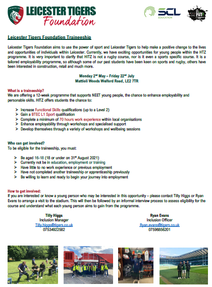 Its the Return of the Leicester Tigers HITZ programme!
They're offering a 12-week programme that supports NEET young people, the chance to enhance employability and personable skills.
Find out more on the attached Flyer!
<a href="/Tigers_HITZ/">Leicester Tigers HITZ</a> <a href="/LeicesterTigers/">Leicester Tigers</a> @JCPInLeics 
#LeicesterYEH