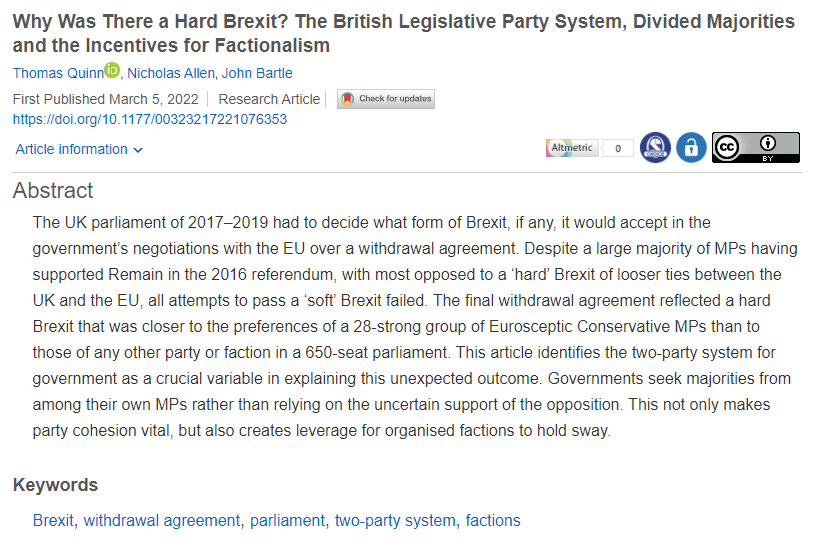 PolStudies's tweet photo. OPEN ACCESS: Most British MPs preferred soft Brexit, so why was there a hard Brexit? The answer lies in the UK’s two-party system for government. Read Thomas Quinn, @ProfNJAllen &amp; @BartleProfessor's @PolStudies article: https://t.co/GUmplGo6I3
 
@uniessexgovt @PolStudiesAssoc https://t.co/DEWJbK5pxQ