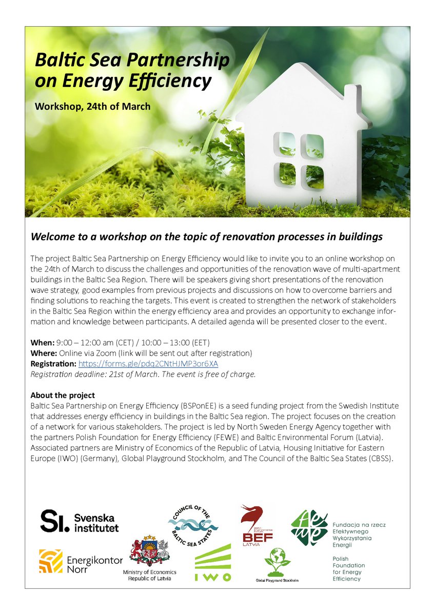 Challenges and opportunities of the #renovationwave in #Germany, #Poland, #Latvia and #Sweden will be discussed on the webinar next week.
When: 9:00 – 12:00 am (CET)
Where: Online via Zoom 
Registration: forms.gle/pdq2CNtHJMP3or…

#energyefficiency #multiapartments #balticsearegion