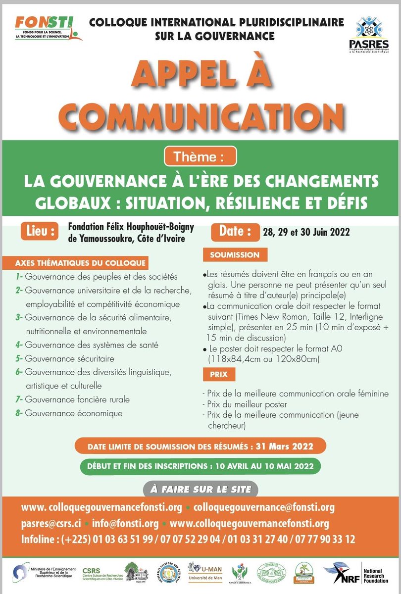 CSRS_CIV's tweet photo. APPEL A COMMUNICATION/ Colloque International Pluridisciplinaire sur la Gouvernance se tiendra les 28, 29 et 30 juin 2022 à Yamoussoukro. @FONSTI1
Date limite de soumission des résumés : 31 mars 2022.
#colloque #gouvernance #résilience #défis #pasres #uman #UPGC #una #ufhb https://t.co/EtErvFVQgr