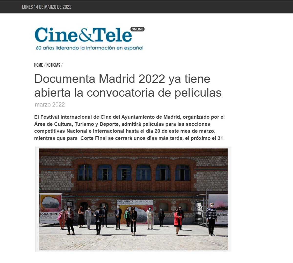 DocumentaMadrid's tweet photo. 📢 Continúa abierta la #convocatoria de #DocumentaMadrid22 para las secciones competitivas Nacional e Internacional y Corte Final. Las tres secciones este año suman una dotación total de más de 36.000 €. Aquí os compartimos la noticia vía @cineytele.com👇
https://t.co/4Cxy0G14lL https://t.co/i94TqPVFiC
