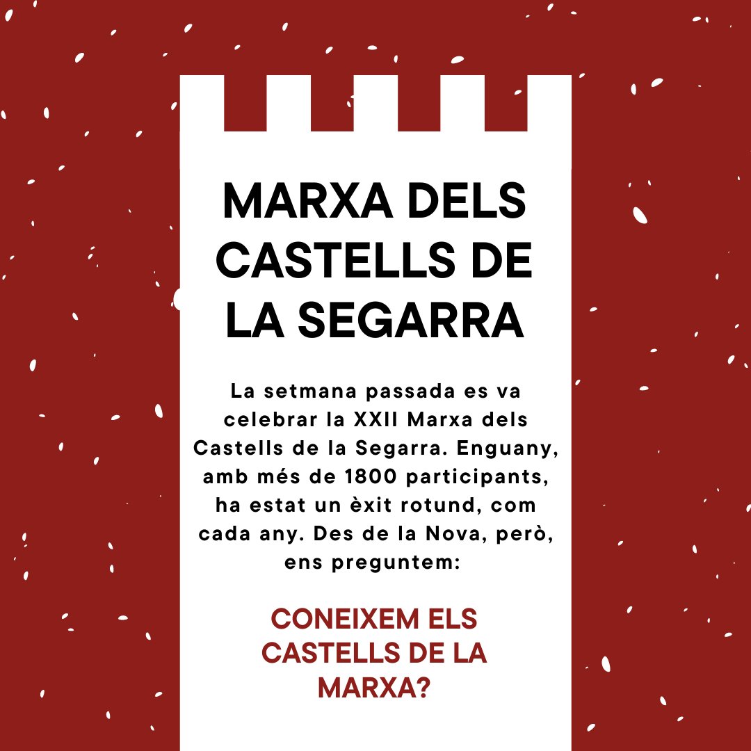lanovadecervera's tweet photo. 🏰 El passat 6 de març es va celebrar la XXII Marxa dels Castells de la Segarra. Enguany, amb més de 1800 participants, ha estat un èxit rotund, com cada any. Des de la Nova, però, ens preguntem: 

🤔 Coneixem els castells de la marxa? https://t.co/O20LYzEbZ6