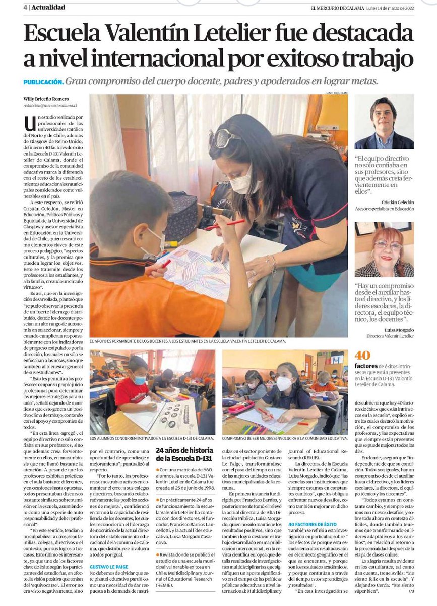 Comparto nota d Mercurio Calama, donde se destaca publicación d <a href="/REMIE_hpress/">REMIE_HipatiaPress</a> sobre caso d estudio q lideré sobre escuela chilena con resultados sobresalientes, que atiende a estudiantes vulnerables. Feliz q la investigación aporte al mejoramiento real educativo <a href="/municipiocalama/">Municipalidad Calama</a>