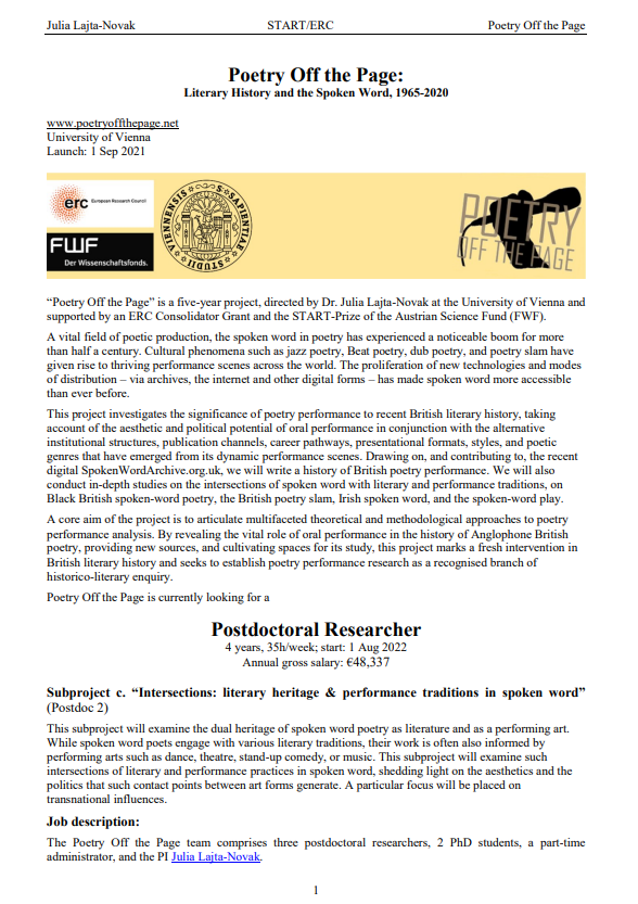 PoetryOff_Page's tweet photo. 📌🎤Job Alert - Postdoctoral Researcher!🎤📌

@PoetryOff_Page are looking for a passionate postdoctoral researcher to add to the team for the 'Literary Heritage &amp; Performance Traditions in Spoken Word' subproject at @univienna 
Deadline: 28th March
https://t.co/3nSmWD9Izh https://t.co/aAbazLkncJ