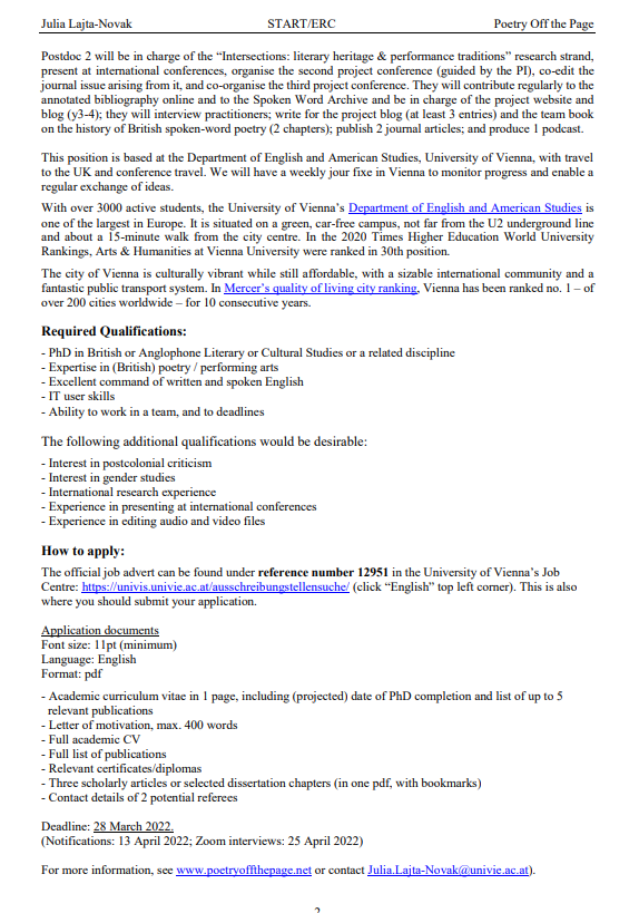 PoetryOff_Page's tweet photo. 📌🎤Job Alert - Postdoctoral Researcher!🎤📌

@PoetryOff_Page are looking for a passionate postdoctoral researcher to add to the team for the 'Literary Heritage &amp; Performance Traditions in Spoken Word' subproject at @univienna 
Deadline: 28th March
https://t.co/3nSmWD9Izh https://t.co/aAbazLkncJ