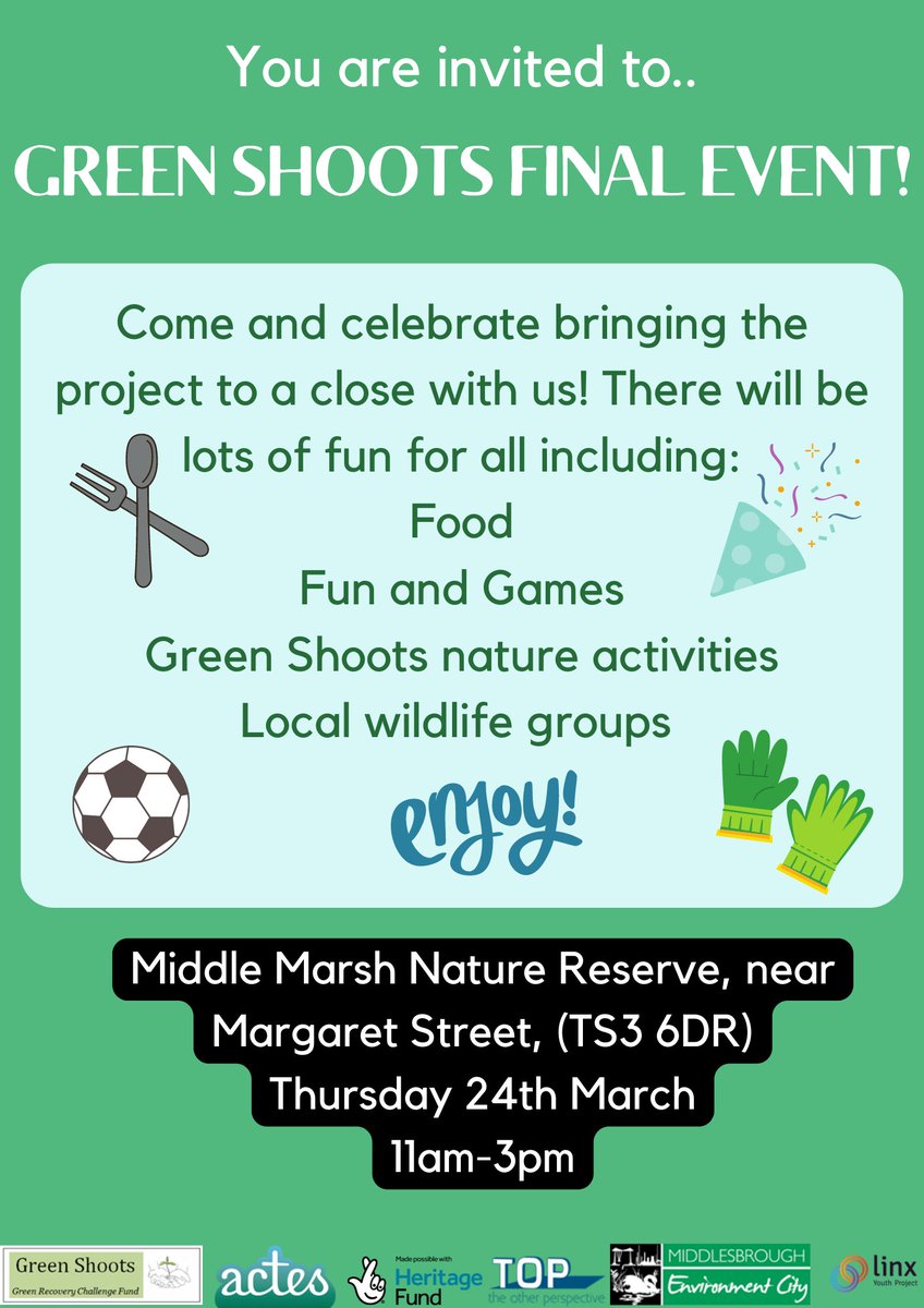 A reminder that, next Thursday, all are invited to the final event of the Green Shoots Project at Middle Marsh Nature Reserve near Margaret Street. Food, activities, fun, games and more as we celebrate the project and what it has done for the area, from 11am to 3pm!