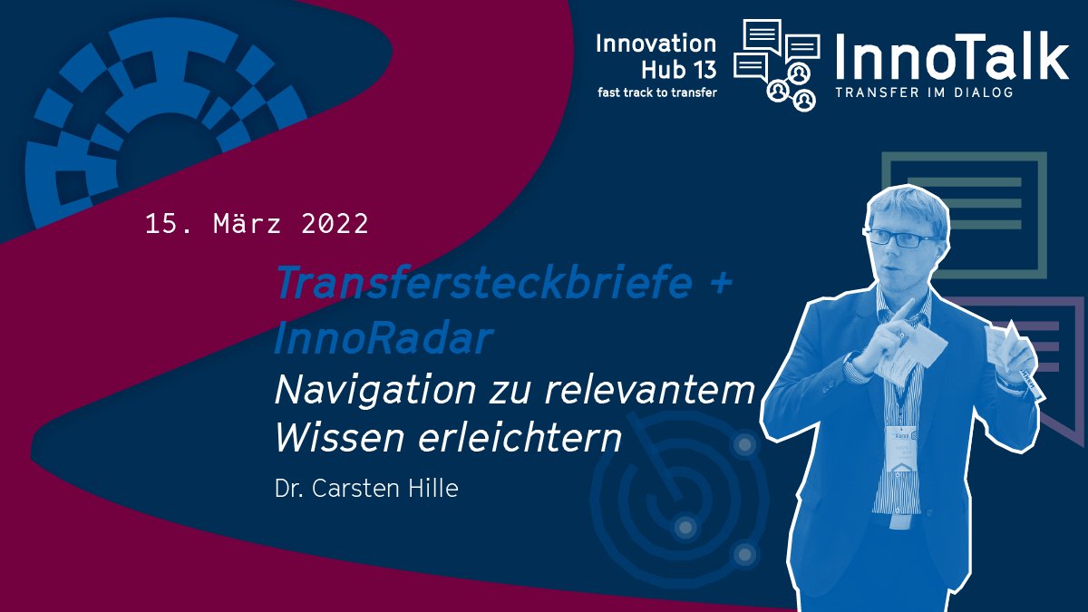 innohub13's tweet photo. REMINDER – der #InnoTalk geht in die 2. Runde: am 15. März ⏰ 8:30 bis 9:15! #Transferscout Carsten Hille widmet sich unseren Transfersteckbriefen + dem #InnoRadar, das ein schnelles Filtern in über 70 Forschungsergebnissen ermöglicht.
➡️ Infos zur Reihe: https://t.co/Nx12ZLKQKo https://t.co/99qp9B0lMe