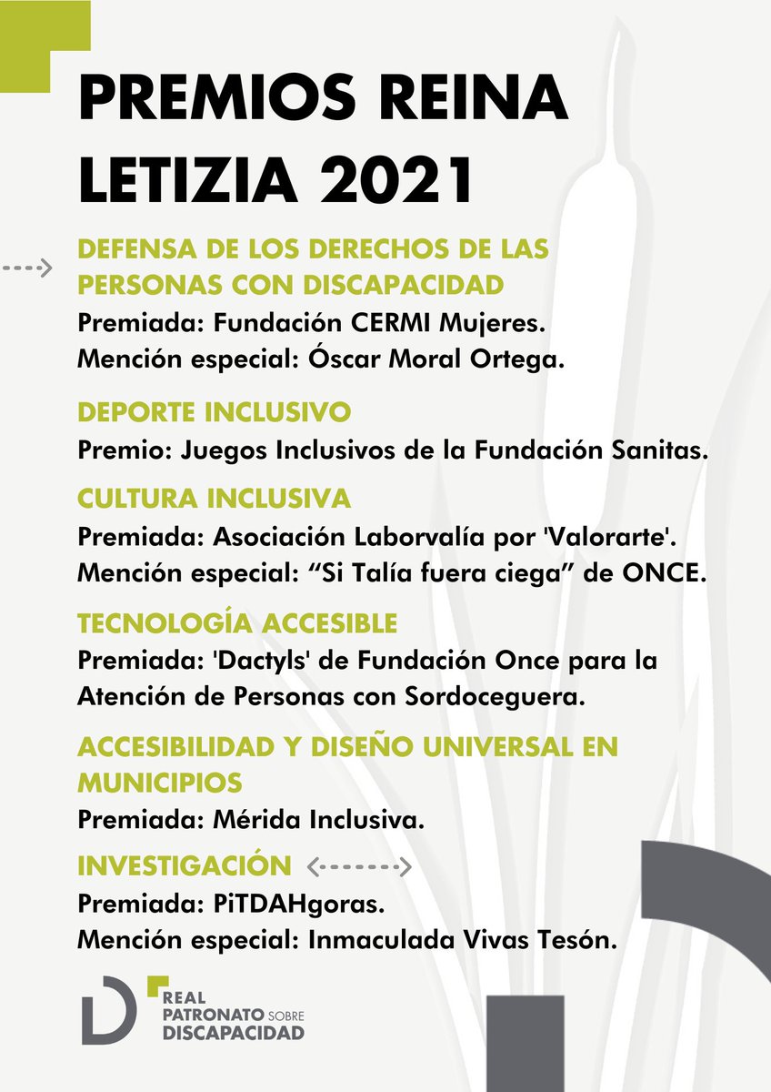 #PremiosReinaLetizia: Porque la inclusión de la personas con #discapacidad merece ser reconocida. ¡Enhorabuena!

🏆 <a href="/FCermiMujeres/">Fundación CERMI Mujeres</a>
🏆 @OscarMoral1
🏆 <a href="/F_Sanitas/">Fundación Sanitas</a>
🏆 <a href="/Laborvalia/">Laborvalía</a>
🏆 <a href="/ONCE_oficial/">ONCE</a>
🏆 #FOAPS
🏆 <a href="/ayto_merida/">Ayuntamiento de Mérida</a>
🏆 #PiTDAHgoras
🏆 <a href="/IVivasTeson/">I. Vivas Tesón</a>

➕ bit.ly/36hKtat