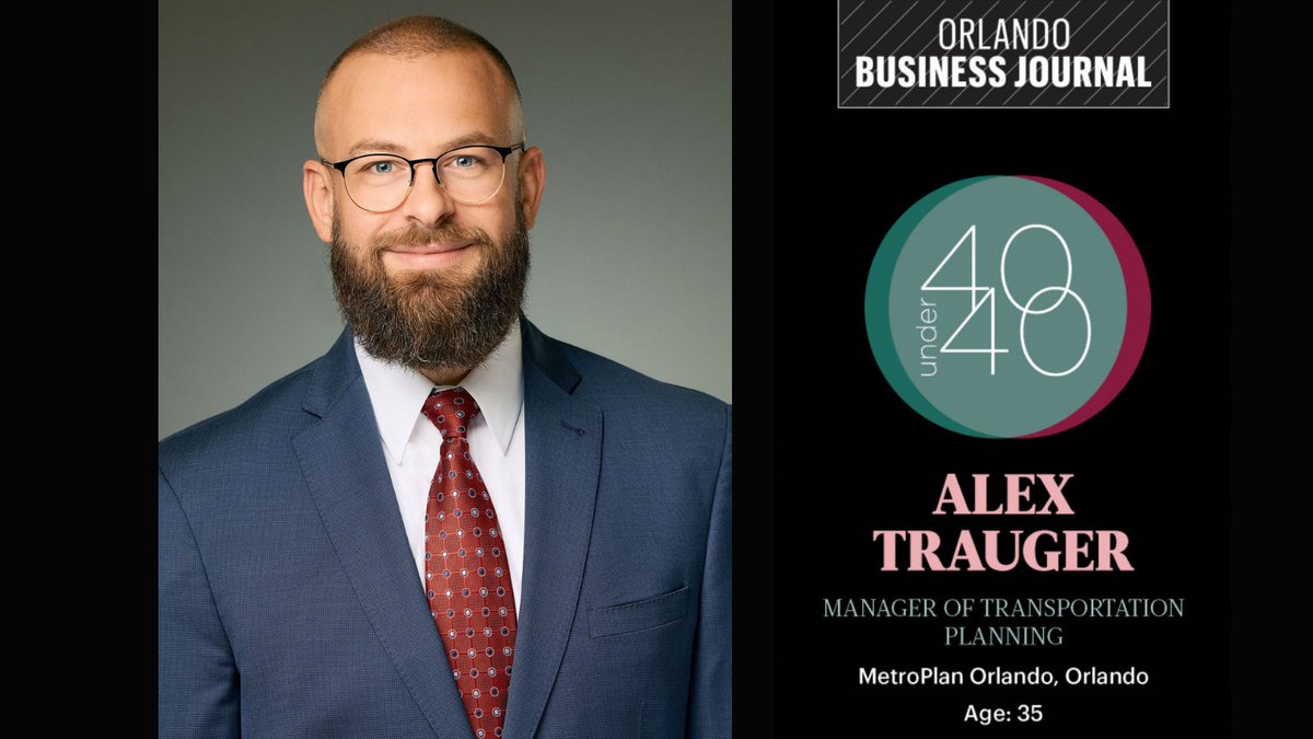 MetroPlan_Orl's tweet photo. Congrats to Alex Trauger, MetroPlan Orlando Manager of Transportation Planning, who was recognized as an honoree for the 2022 Orlando Business Journal’s 40 Under 40. We are proud of the leadership Alex exemplifies in transportation planning for Central Florida. #obj40under40 https://t.co/lpwc0tWokR