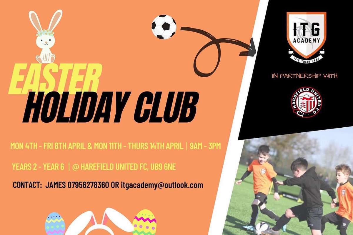 harefieldyouth's tweet photo. ⚽️ Holiday Club is back for the Easter Holidays! 

🐣 Spaces are limited.

➡️To register interest click on the link https://t.co/RQJ3wod896

@ITG_Academy https://t.co/DjByUUu4UP