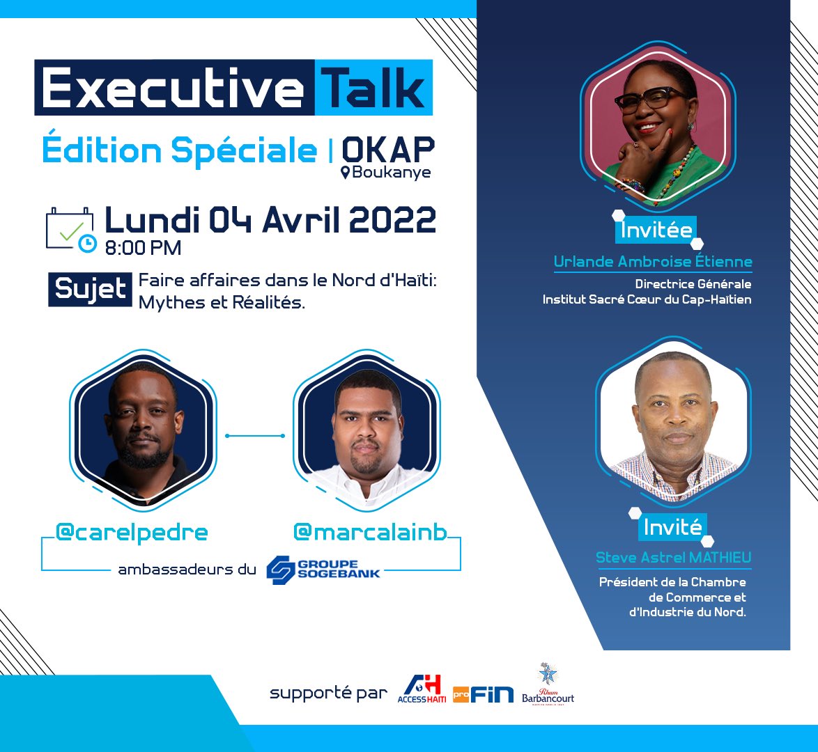 marcalainb's tweet photo. Mèsi!
Lendi pwochen @carelpedre avek @marcalainb ap fè premye #ExecutiveTalkHT an prezansyel nan BOUKANYE OKAP nan kad @chokarella #OkapTakeOver!
Nap chita ak Prezidan CCIN + Directris ISCCH!
Vini a 6:30PM pou rezotaj!
Nap live a 8:00PM sou Twitter ak pou 1er fwa Facebook + IG! https://t.co/BPBcM2oGSR