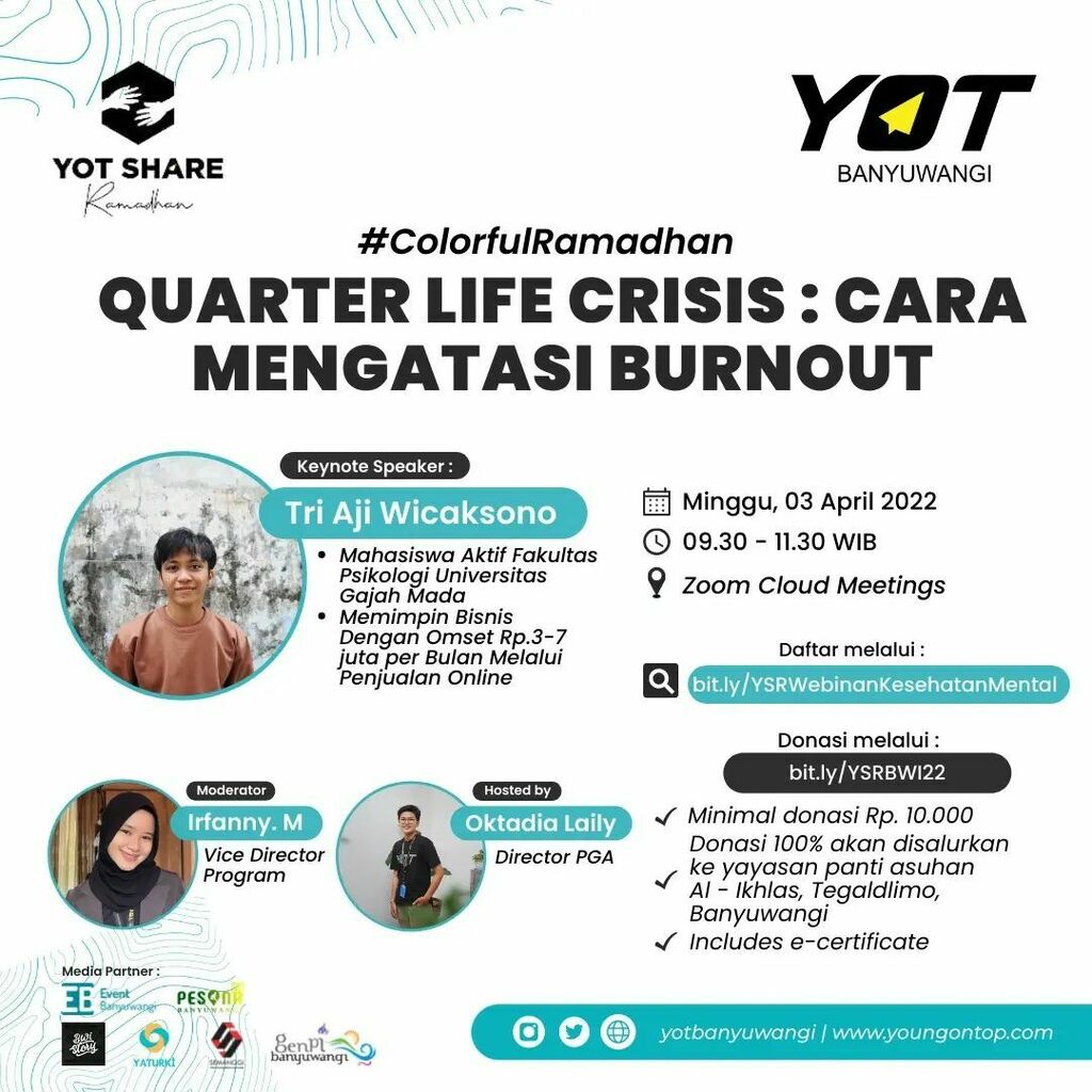 EventBwi's tweet image. 📢 [WEBINAR QUARTER LIFE CRISIS 2022] 📢

Hallo Yoters!!
Ada kabar baik nih buat para Generasi Millenial yang lagi merasa capek sama rutinitas, YOT Banyuwangi akan mengadakan webinar Quarter Life Crisis nihh dengan mengangkat tema "Cara Mengatasi Burno… instagr.am/p/Cbq0sB-JFxo/