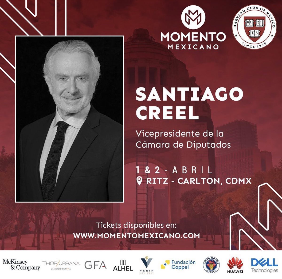 Momento_Mex's tweet photo. #PonenciaMagistral @SantiagoCreelM, Vicepresidente de la Cámara de Diputados, nos acompañará en #MomentoMexicano este próximo 1 y 2 de abril en @RitzCarltonCDMX . ¡No te lo pierdas! 

🤳🏽 Compra tus boletos entrando al link de nuestro perfil. 

¡Últimos boletos! https://t.co/Z2geTeMKbm