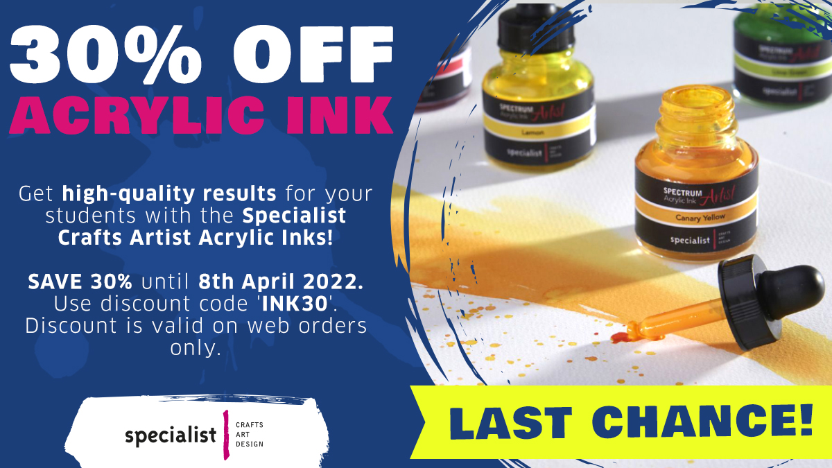 DryadGeneral's tweet photo. Last chance to grab a bargain!

Get high-quality results for your students with the Specialist Crafts Artist Acrylic Inks!

SAVE 30% until 8th April 2022. Use discount code 'INK30'. Discount is valid on web orders only. https://t.co/0lDJICS3Wi
