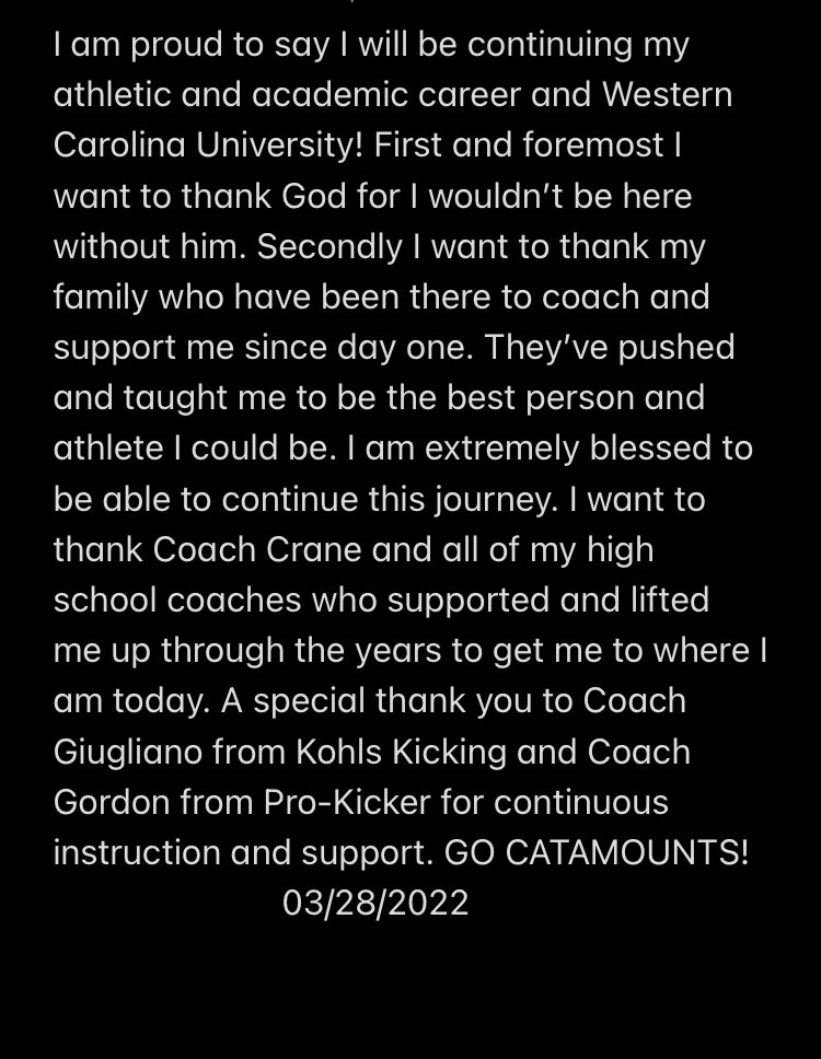 Phillip1670's tweet photo. After a great visit and conversation with @coachnorris38 and @CoachKerwinBell I am 100% COMMITTED to Western Carolina University! GO CATAMOUNTS! 💜💛 @CoachDCrane @CatamountsFB @KohlsKicking @CoachGiugliano @phil_shirley14 @Prokickercom @KennyGo62884129 #LegacyKicker https://t.co/8qCMsUwuUF