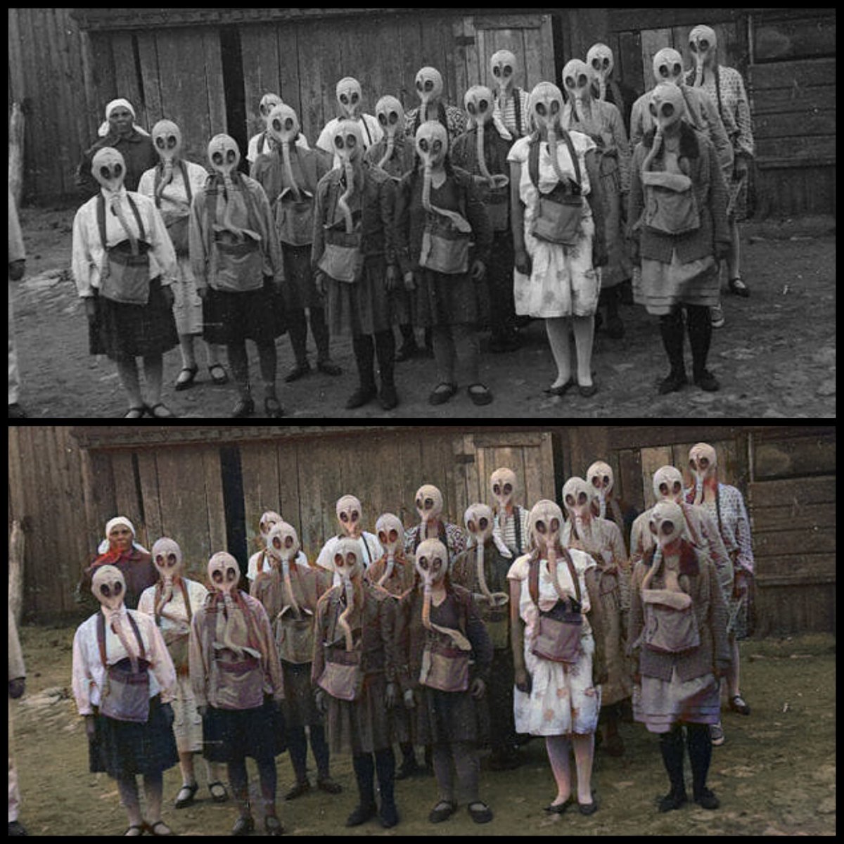 Group of young girls in gas masks during the exercise in Moscow, 1930. See more via IG 📸:instagram.com/p/Cbq4w8aLjO2