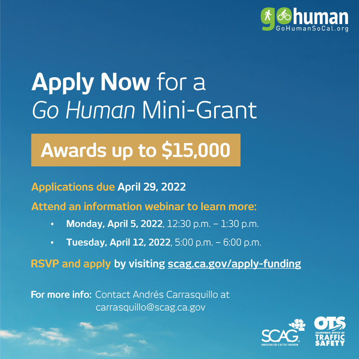 Have an idea to improve #TrafficSafety for walking and rolling in your community? Get started with a Go Human Mini-Grant. Accepting applications NOW through April 29th: scag.ca.gov/apply-funding 
<a href="/SCAGnews/">Southern California Association of Governments</a> <a href="/OTS_CA/">CA Office of Traffic Safety</a>