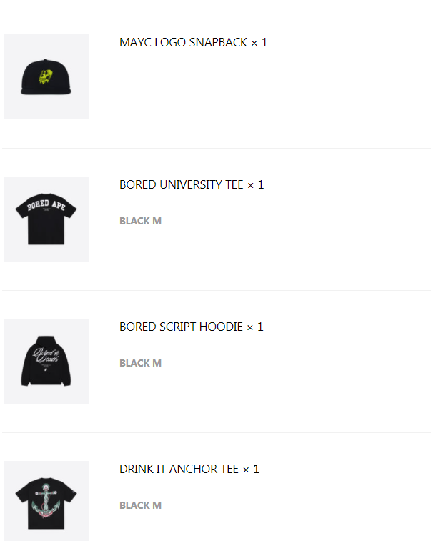 Finally got in on a <a href="/BoredApeYC/">Bored Ape Yacht Club 🍌</a> merch drop after almost a year in the club. Can't fkn wait for these to get here! #BAYC #MAYC #BoredApes