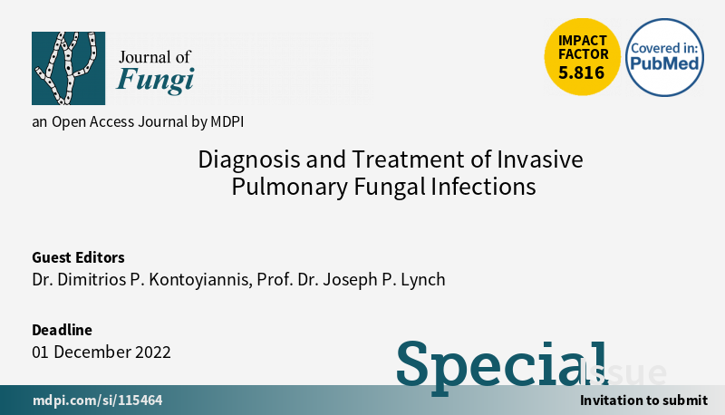JoF_MDPI's tweet photo. Special Issue: Diagnosis and Treatment of Invasive Pulmonary Fungal Infections
Guest Editors: Dr. Dimitrios P. Kontoyiannis; Prof. Dr. Joseph P. Lynch
Submission Deadline:  1 December 2022

https://t.co/LGkWb1GGOZ https://t.co/rfYQjPo4L3
