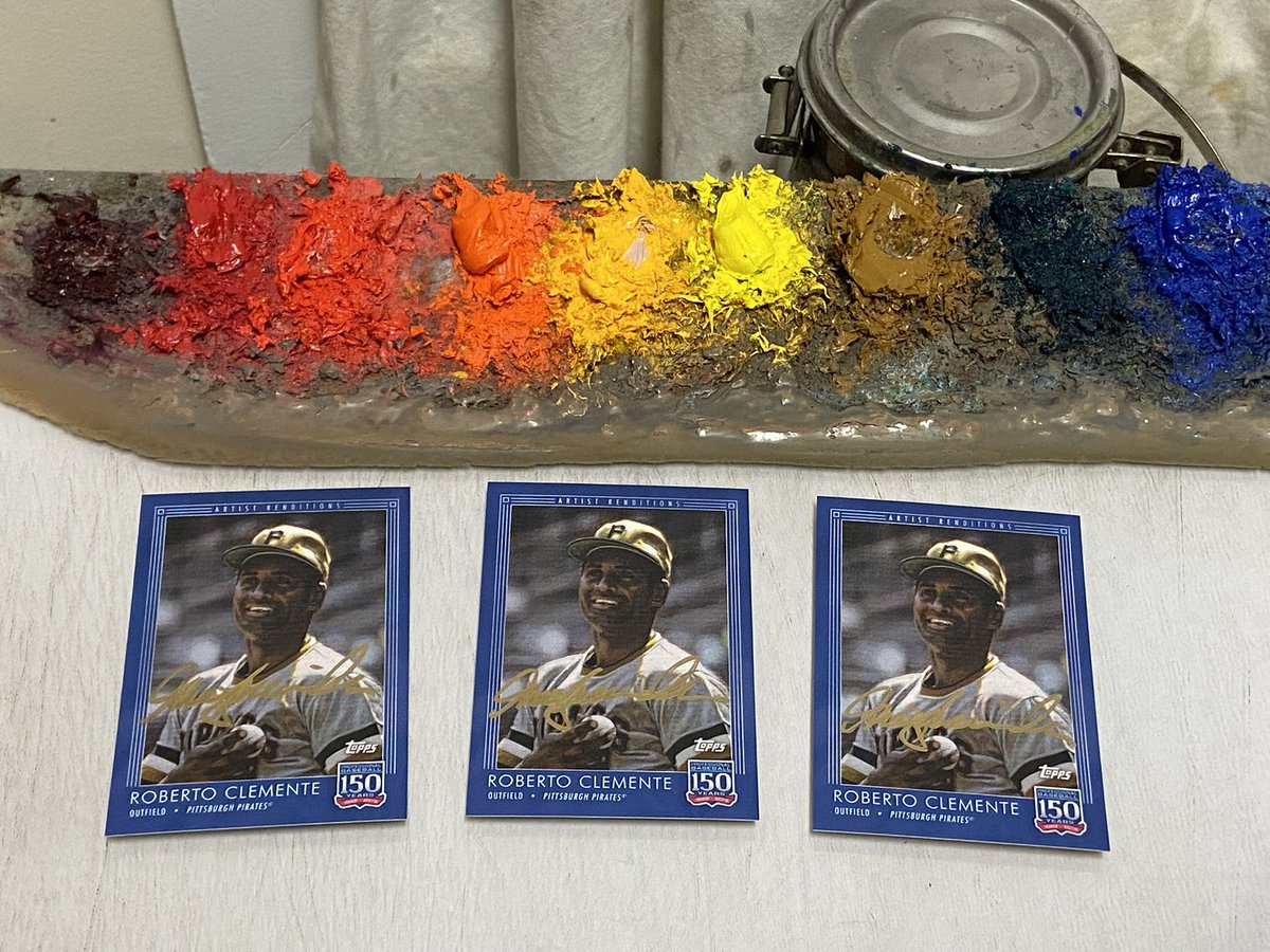 Giveaway time! Follow me and retweet this before 9:00 PM EDT on Friday, April 1 and I'll pick three random winners—each will receive a Roberto Clemente <a href="/Topps/">Topps</a> card signed by the guy who painted it (me)!