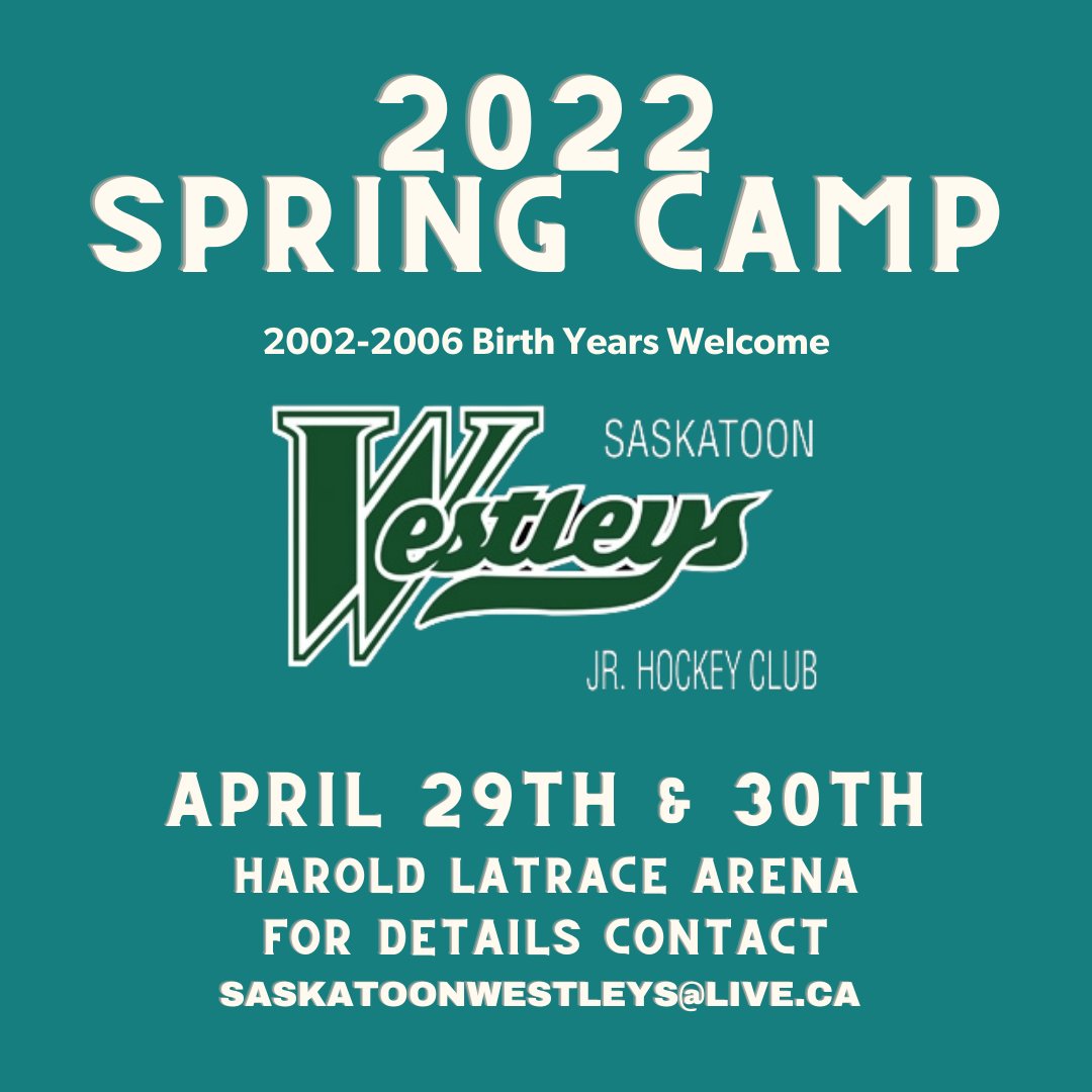 YXEwestleys's tweet image. The Westleys are holding our 2022 Spring Camp April 29th &amp;amp; 30th. Players born from 2002-2006 are welcome to register. Contact saskatoonwestleys@live.ca for more information and to register.