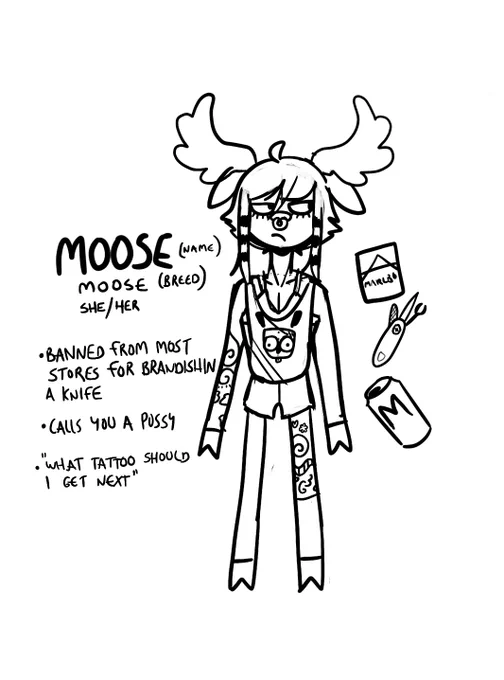 moose is actually one of my fav ocs even if she is extremely stupid and too tall... she be living in a trailer and has to duck to get thru doors bc she is like 7.5 feet tall. a giant woman 
