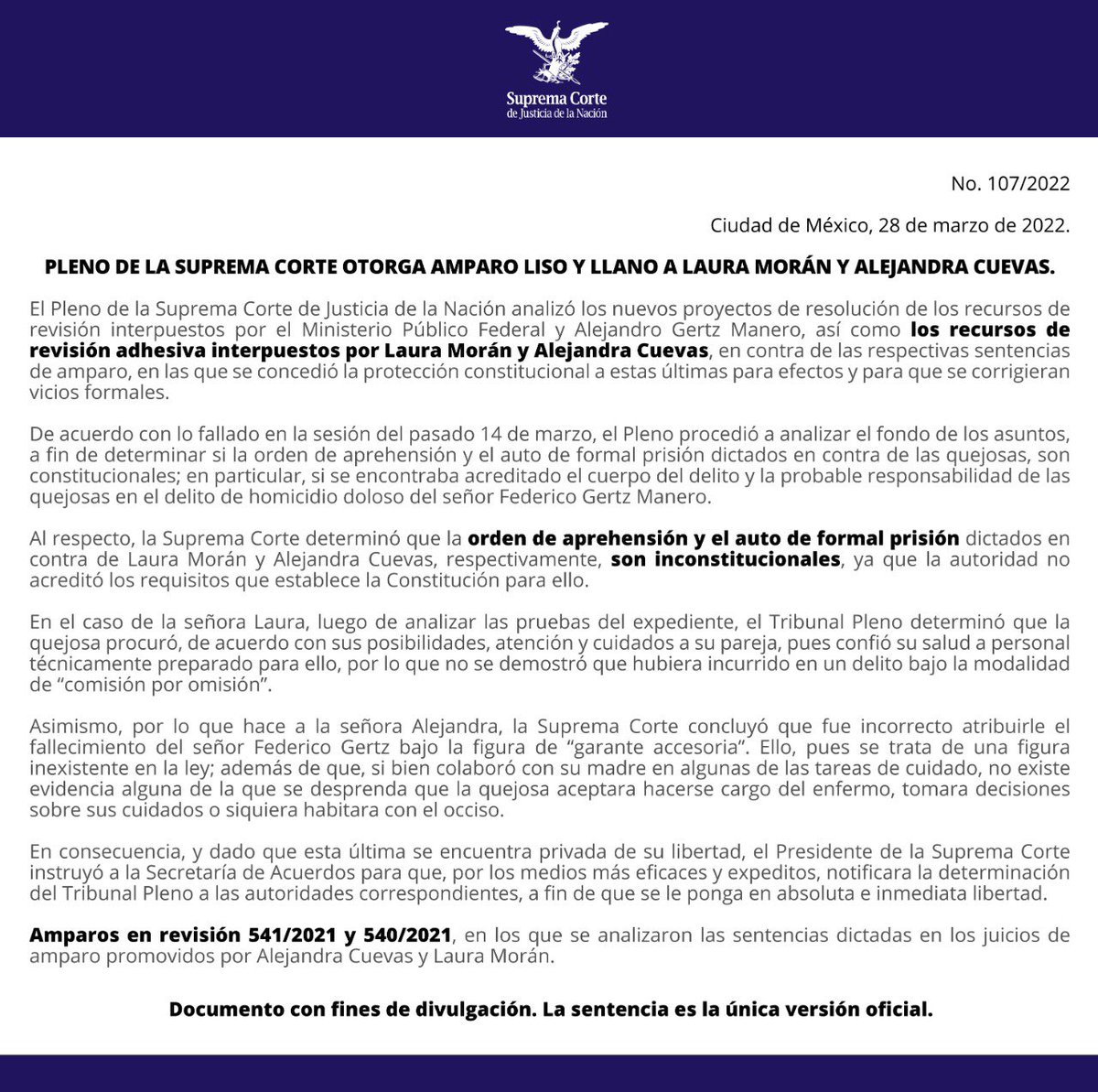SCJN's tweet photo. SCJN otorga amparo liso y llano a Laura Morán y Alejandra Cuevas. La orden de aprehensión y el auto de formal prisión dictados son inconstitucionales, ya que la autoridad no acreditó los requisitos que establece la Constitución para ello.
🔗 https://t.co/eQ2DXrZNal https://t.co/8u3blxpAqO