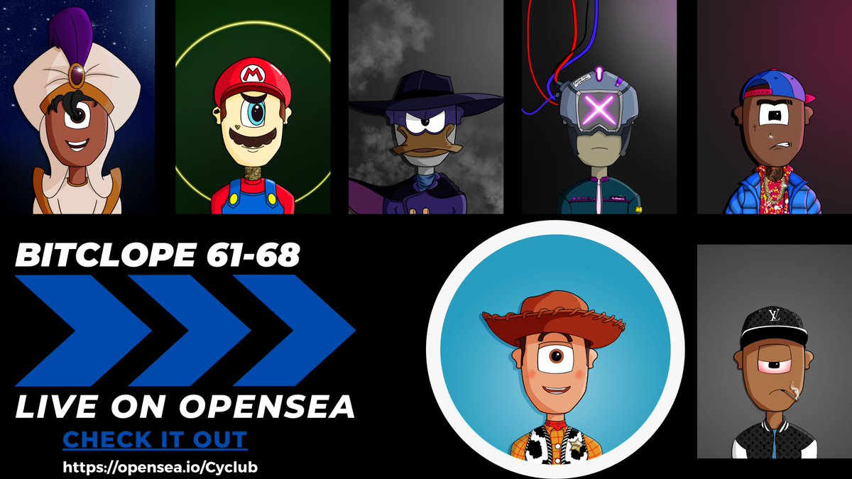 Nft_Cyclub's tweet photo. Bitclope 61-68 now available on Opensea

Price: 0.01 ETH (limited time only)

https://t.co/9Avt1s1TIY

#NFT        
#NFTcommunitiy        
#NFTartist       
#PolygonNFT https://t.co/oxalAIw5gy