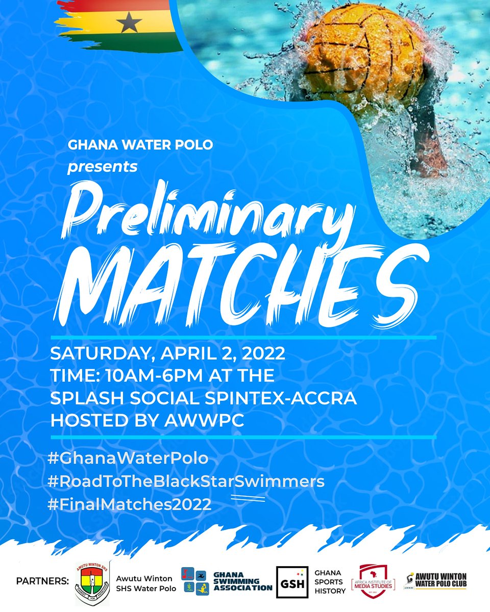 Kootsebi's tweet photo. History in Making!
Excited for the #ClosingSeason series of matches- Ghana Water Polo.
Taking place this April 2, at the Splash Social Center, Spintex-Accra.
Final round of matches is scheduled for April 9.
#RoadToTheBlackStarsSwimmers
#GhanaWaterPolo #GhanaSportsHistory https://t.co/xZb4MMFDsT