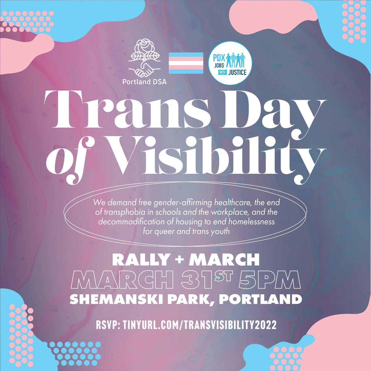 Trans youth are under attack in Texas and around the country. Join us at Shemanski Park this Thursday 3/31 at 5pm for a rally and glow stick march to celebrate trans joy and demand an end to transphobia in schools and the workplace! 

RSVP: tinyurl.com/TransVisibilit…