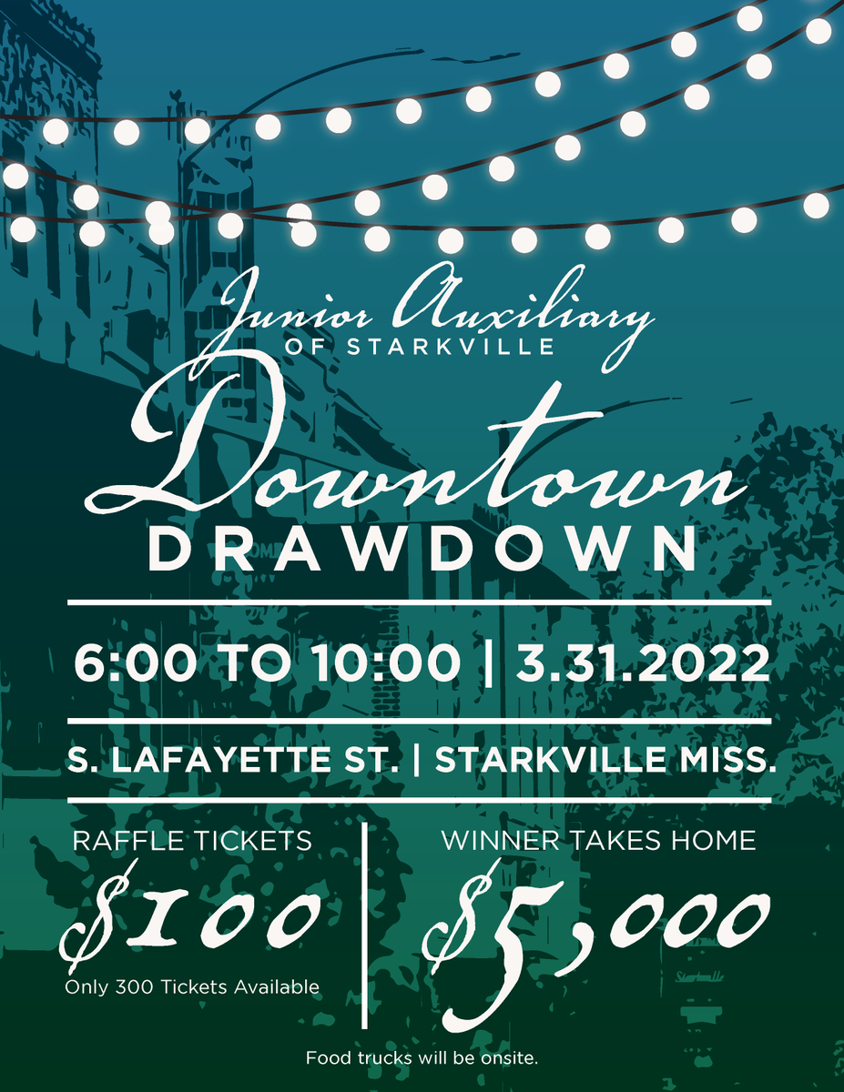 COStarkville's tweet photo. The Junior Auxiliary of Starkville will have their Downtown Drawdown this Thursday, from 6:00 pm to 10:00 pm, on S. Lafayette St.

"This year's Downtown Drawdown is open to the public and will feature live entertainment from local artists and food trucks." (1/2) https://t.co/d2O60AGpu2