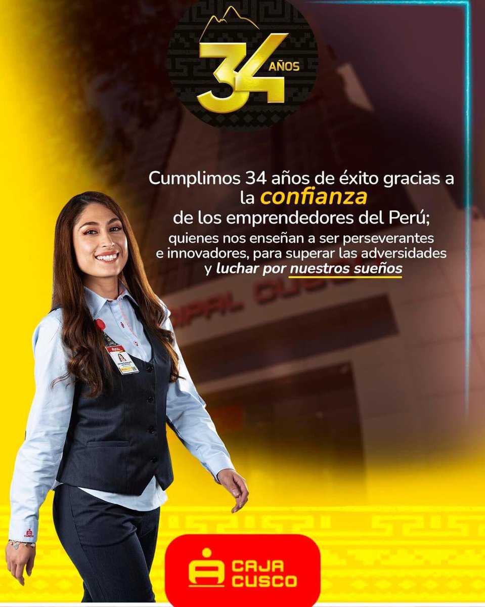CajaCusco's tweet photo. Cumplimos 34 años de éxito gracias a la confianza de los emprendedores del Perú;💪🏼🤗🤝  quienes nos enseñaron a ser perseverantes e innovadores, para superar las adversidades y luchar por nuestros sueños.
¡Feliz 34 aniversario, Caja Cusco!🥳👨‍👩‍👧‍👦❤️
#CajaCusco #PensandoSiempreEnTi https://t.co/WNxvLgiBaR