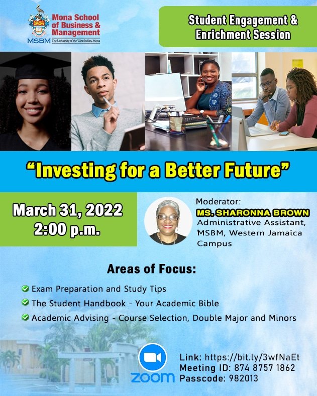 Calling all #MSBM Undergraduate Students!

We are inviting you to our Session, “Investing for a Better Future” on Thursday, March 31st.
 
Join on ZOOM!
Meeting ID: 874 8757 1862
Passcode: 982013

#GetInvolved #StayEngaged
#StudentEngagement #StudentEnrichment #ForwardThinking