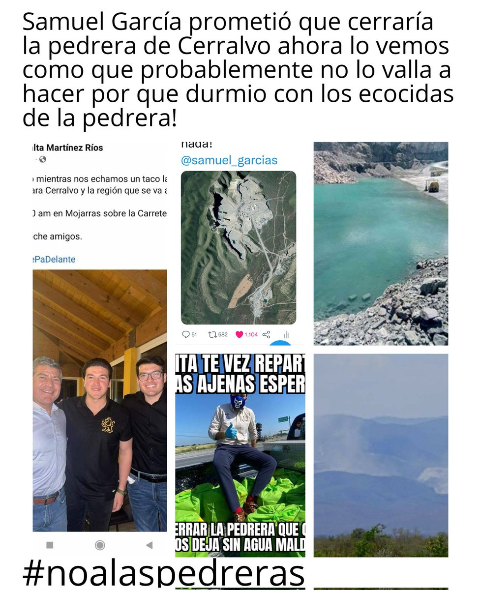 AristeoBenavid2's tweet photo. Todos los gobernadores visitan Cerralvo y no ven el daño de la pedrera!
Les darán unos dolaritos para que se ayuden en su campaña ?
Nuevo Leon con sed y el gobernador visitando a personas que son parte del problema 
#nocreemosenpromesasfalsas
@samuel_garcias
@elnortelocal https://t.co/qbqqRpPPzm