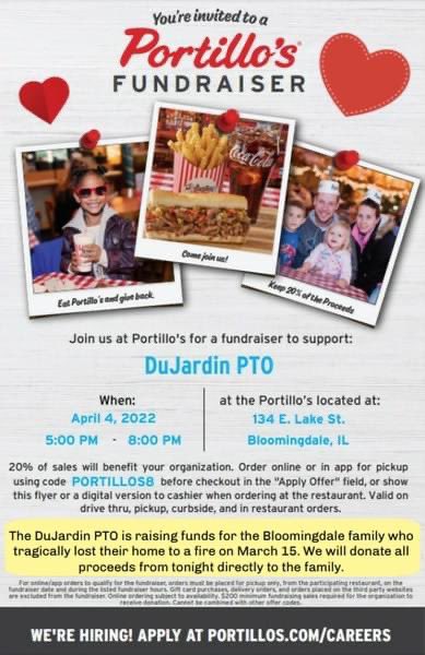DuJardinPTO's tweet photo. One week from today we will come together as a community. Dine to help one of our @D13Jaguars families who lost their home to a fire. We will be donating all proceeds raised. https://t.co/RRvrhlc6Fl