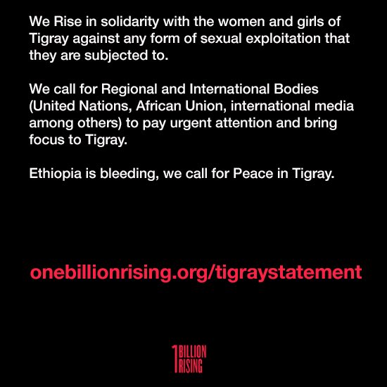 #1BillionRising Statement: Ethiopia End War &amp; Sexual Violence Against Women &amp; Girls in #Tigray!

#StandWithTigray #EndTigraySiege #AllowAccessToTigray #TigrayGenocide #RiseForBodiesOfAllWomenAndTheEarth #VDay #RiseCreateReclaim #UntilTheViolenceStops