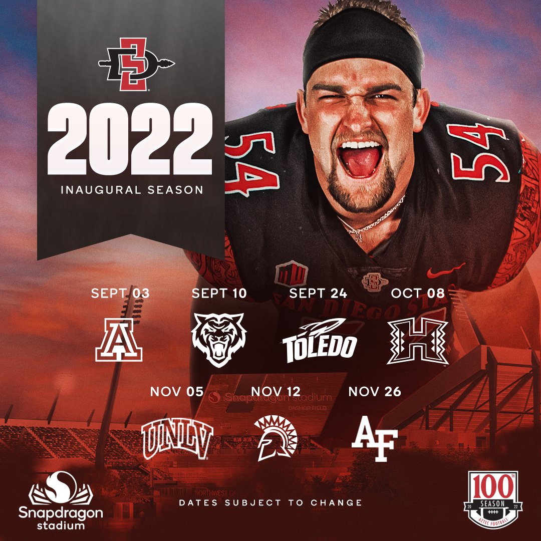 SnapdragonStdm's tweet photo. Seven home games for the first @AztecFB season at @Snapdragon Stadium? Sign us up 🏈

Get all the info for tickets for the inaugural season in Mission Valley at https://t.co/yWHXZKguuP! https://t.co/Vt7OoMge8N