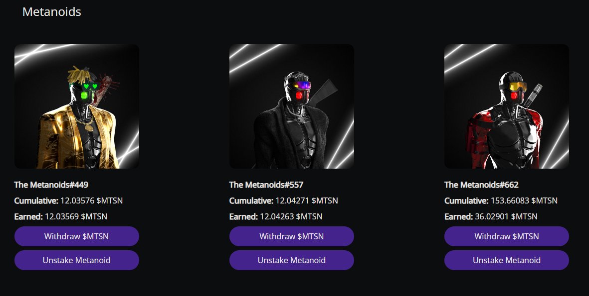 Staking my <a href="/TheMetanoids/">The Metanoids</a> to earn $MTSN getting ready for first utility and it will be a MetaRaffle.

First edition soon, raffling a bluechip #NFT you will need $MTSN to enter! 

More utilities coming soon like games with LP : CoinFlip, BlackJack ... 🔥

#NFTCommunity #SolanaNFTs