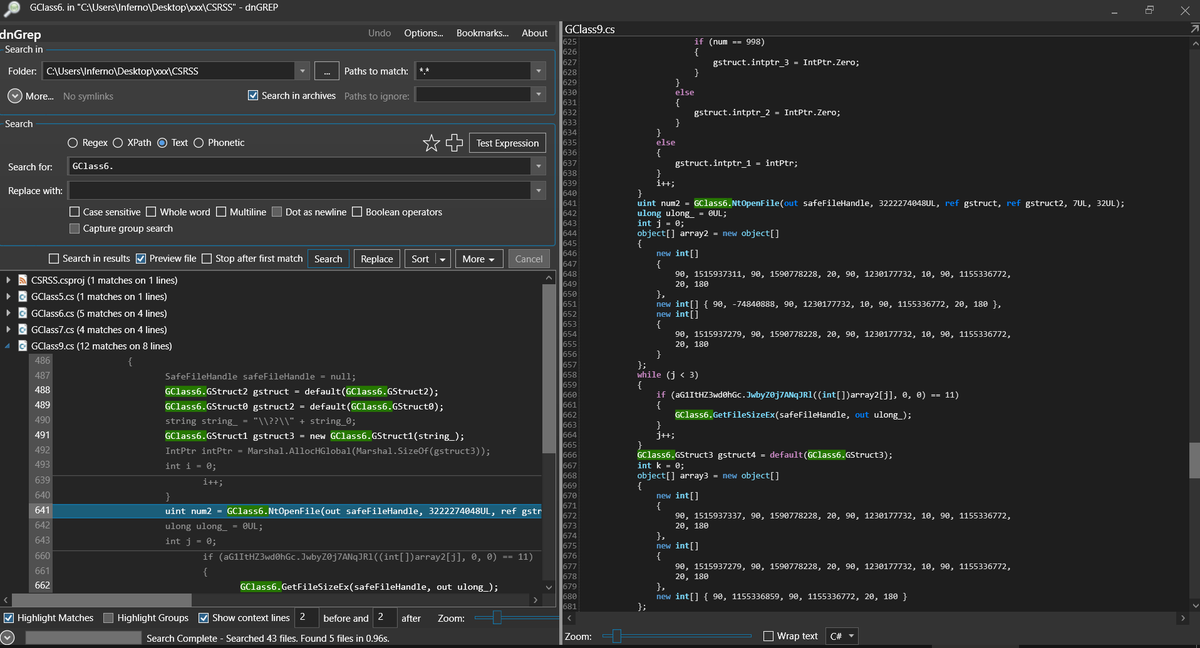 vinopaljiri's tweet photo. [3/3] The project exporting exports all code as decompiled and is very powerful. If there is too much junk code (nonsense switches, boolean etc.) you can use some great grepping tools with nice context view settings and syntax highlighting #dngrep for quick win. Work Smart😉🙏 https://t.co/UK2vgBdu2D