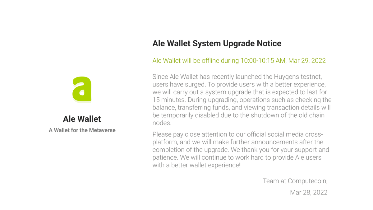 oortech's tweet photo. Ale Wallet will be offline during 10:00-10:15 AM on March 29, 2022, due to an important system upgrade. We thank you for your patience and your support in #AleWallet. https://t.co/7gVWJQpiwb