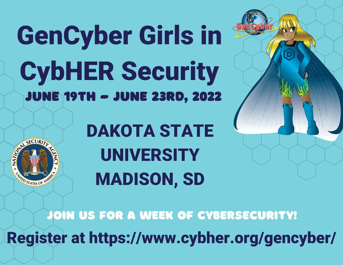 cybher_dsu's tweet photo. #CybHERActivities
Registration is still open for GenCyber. We have 3 camps in Madison from June 6th to June 23rd. https://t.co/7CtygQaFSH