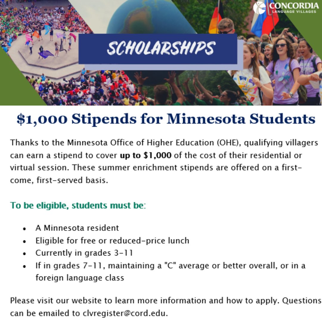 Stipends for Minnesota students are available for summer 2022 language immersion programs  through the Minnesota Office of Higher Education’s Summer Academic Enrichment Program. These stipends are awarded on a first-come, first-served basis. Apply today!
ow.ly/o5Gy50Iupsy