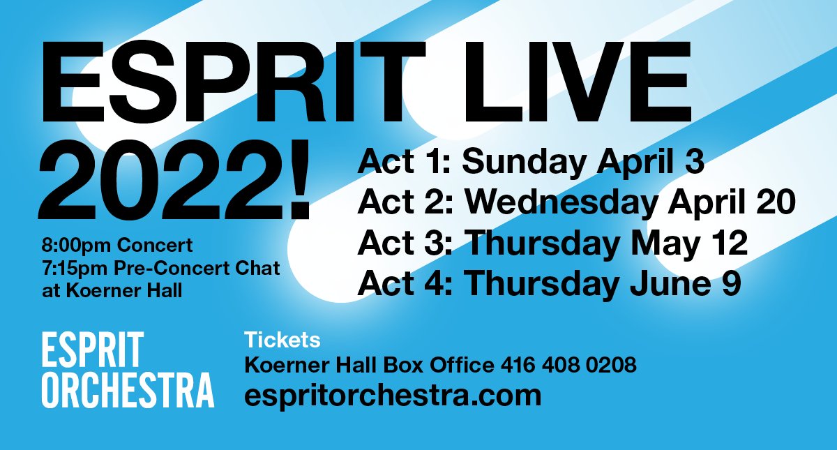 EspritOrchestra's tweet photo. Mark Your Calendars. Esprit Live 2022! 🎼👏🎻
We are back with an amazing line-up of concerts, beginning this Sunday, April 3rd with Act 1.
Check out each concert on our site: https://t.co/wH1VlPgToa #EspritOrchestra #Esprit2022 #NewMusic #TorontoNewMusic #EspritO #EspritLive2022 https://t.co/IT7yWAyjXQ